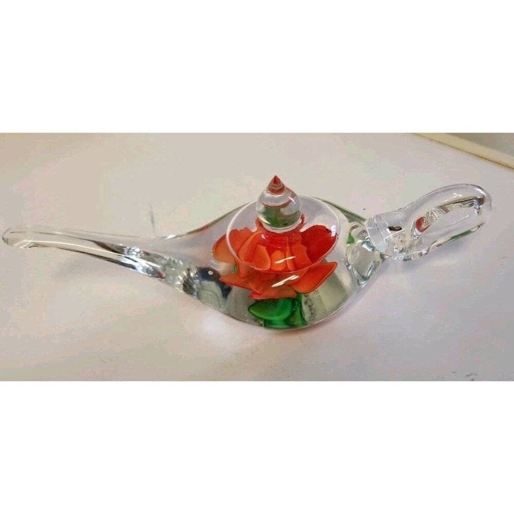 EDINBURGH CRYSTAL PAPERWEIGHT ALADDIN LAMP w/ ROSE INSERT VGC